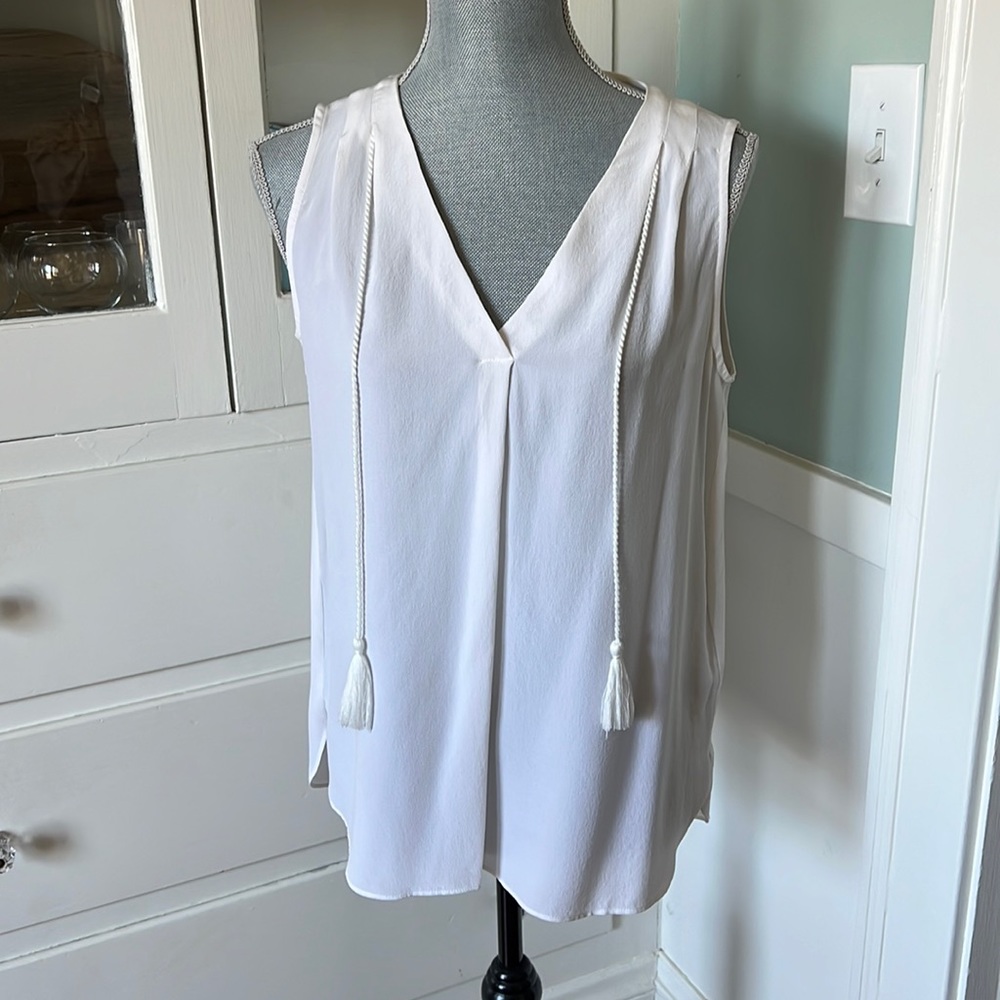 Charli 100% silk white sleeveless pleated tassel blouse tank top